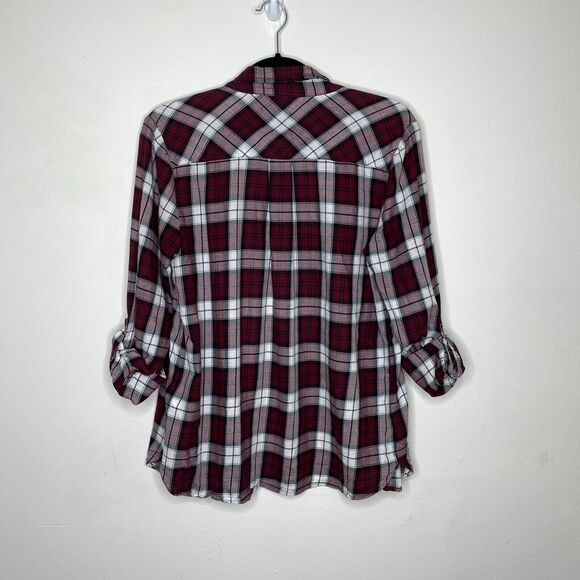 Soft Joie Eggplant Classic Plaid Double Pocket Roll Tab Sleeve Shirt Button SM - Picture 3 of 10